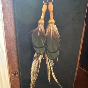 Green and Brown Feather Earrings with Wooden Beads SET
